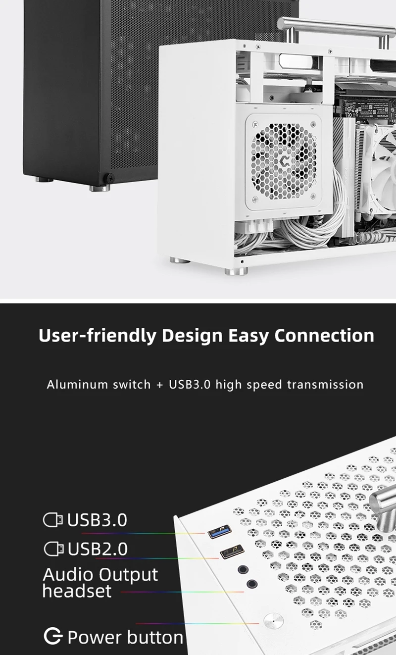 METALFISH T60 Mini ITX Schwarzes Gehäuse 9L Gaming-Computergehäuse Kompakter transparenter PC-Unterstützung SFX PSU/300 mm GPU – Detail 12