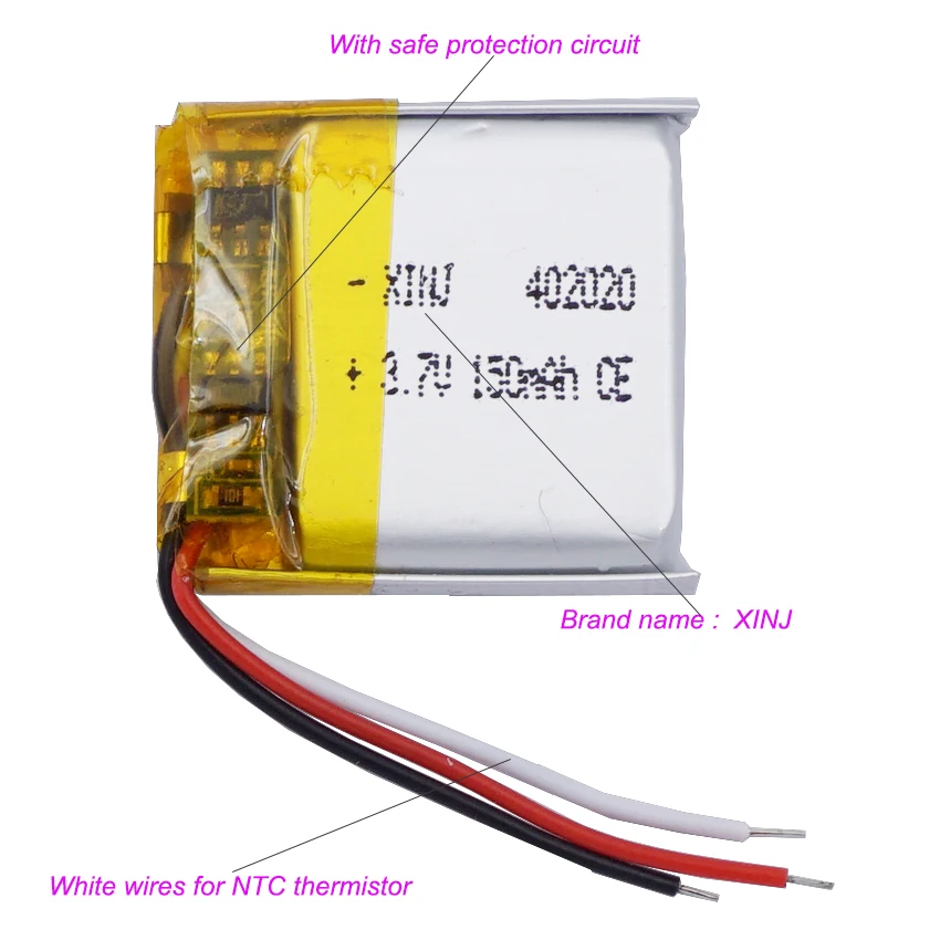 بطارية ليثيوم قابلة للشحن لتحديد المواقع بلوتوث المتكلم ، NTC ، 3 أسلاك ، 402020 ، JST ، 3Pin ، 1.0 مللي متر ، 1.25 مللي متر ، 1.5 مللي متر ، 2.0 مللي متر ، 2.54 مللي متر ، 3.7 فولت ، 150mAh ، 0.55Wh ، 2 قطعة #3