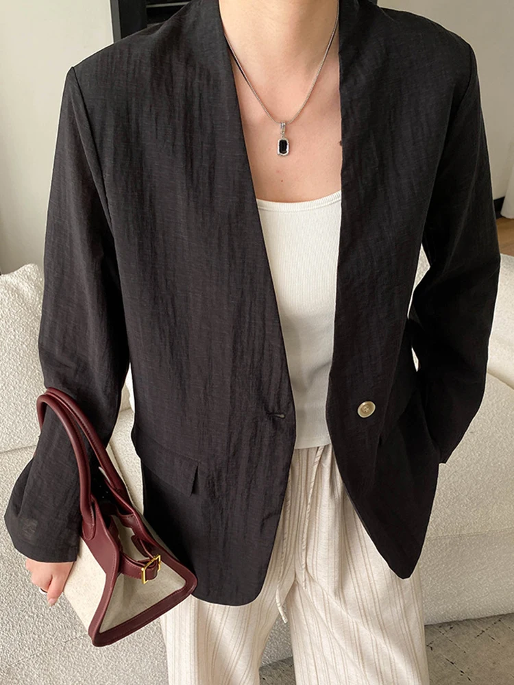 YERMORA Black Texture Buckle Brief Casual Thin Blazer For Women V-Neck Long Sleeve Loose New Jacket Fashion Spring Summer 2026