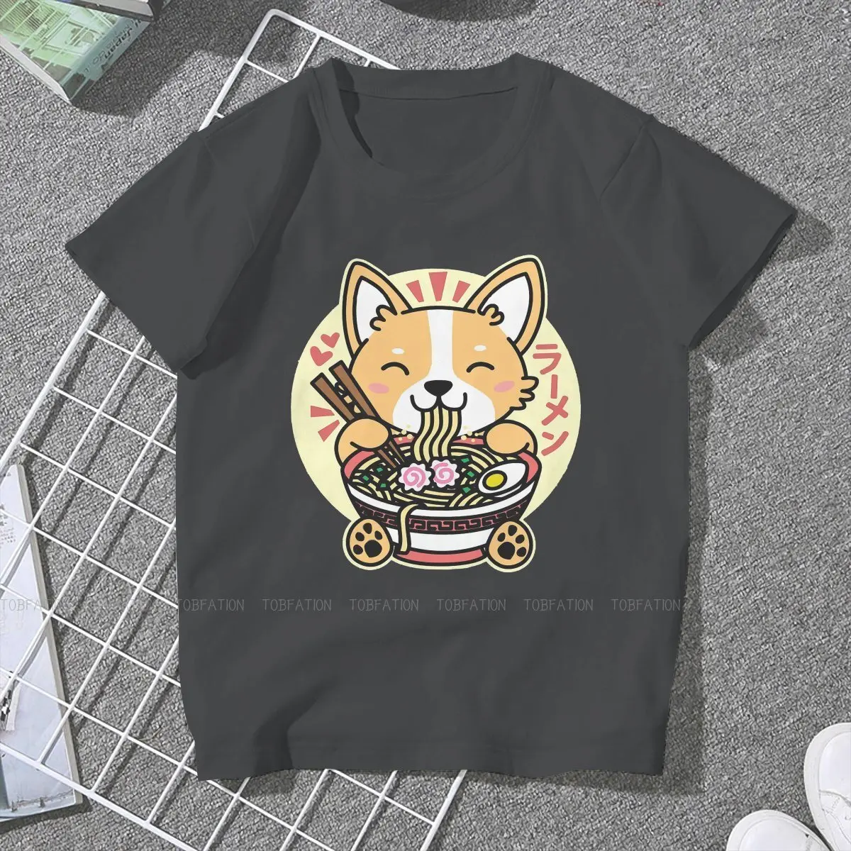 Eating Ramen Cute Kawaii Noodles Fashion TShirts Corgi Short Legs Dog Female Pure Cotton Tops T Shirt Round Neck Oversized