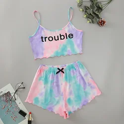 Summer Tie Dye Printed Casual Camisole Tops and Shorts Pajamas Set Women Sexy Lingeire Sleepwear Pijamas Loungewear