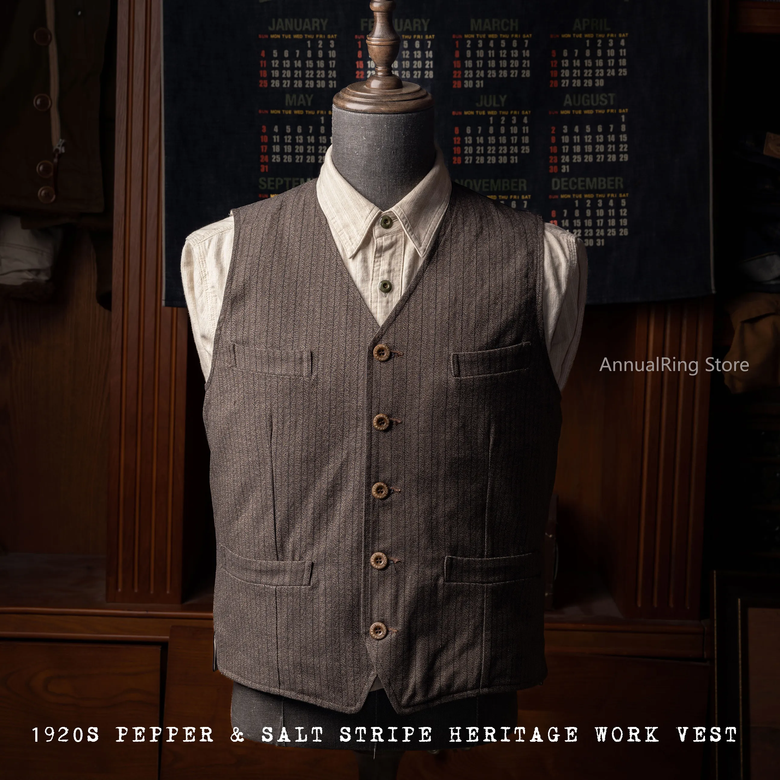 Red Tornado 1920s Salt & Pepper Striped Work Vest Vintage Americana Style Men's Four-Pocket Waistcoat Brown