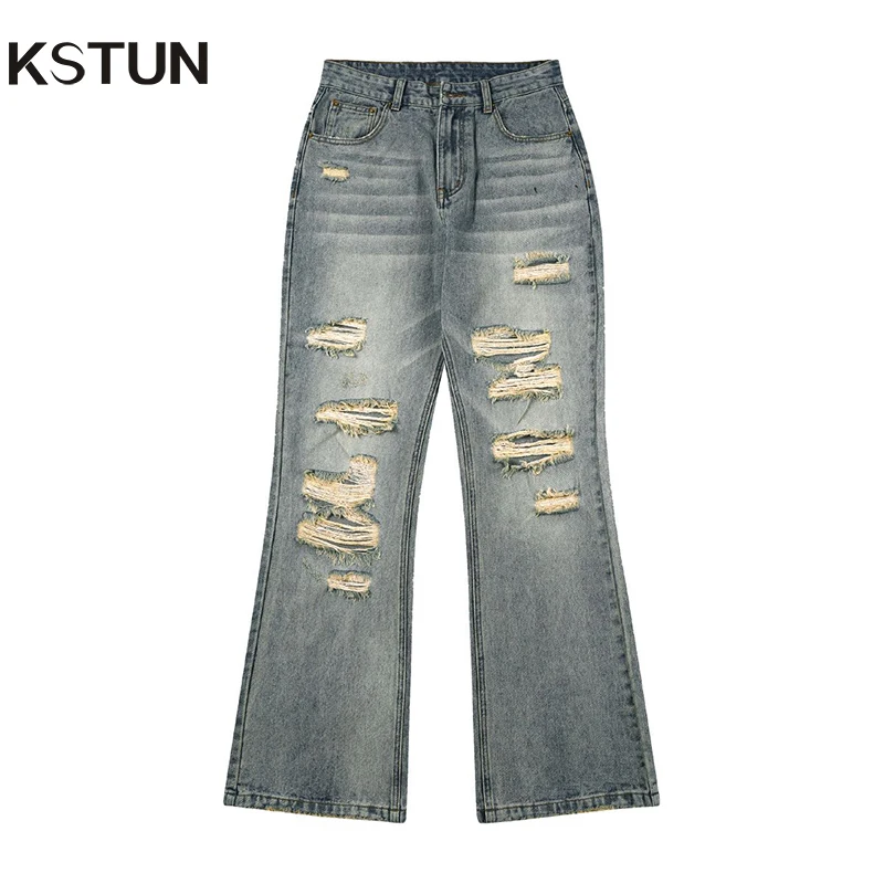 

KSTUN Distressed Jeans Men Ripped Hiphop Motocycle Denim Pants Flared Pants Boot Cut Men's Trousers Vintage Hollow Out Frayed