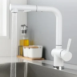 White Kitchen Faucet with Pull-Out Sprayer 4 Modes 360° Rotation Hot and Cold Mixer Tap Deck Mounted Crane