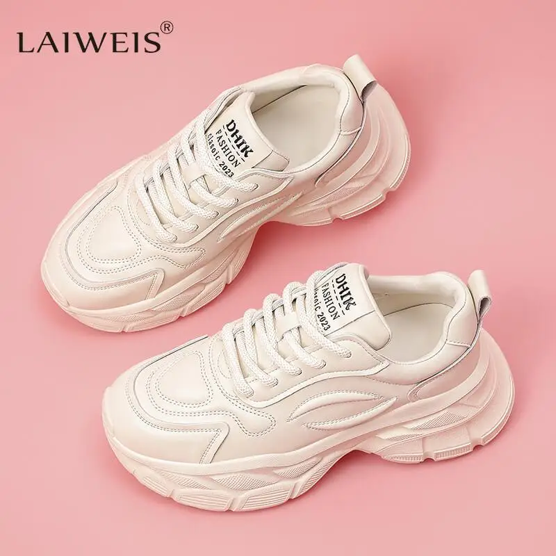 

Women's Black Genuine Leather Dad Shoes 2023 Autumn New Thick Sole Heightening Sports Shoes Light Soft Sole Travel Casual Shoes