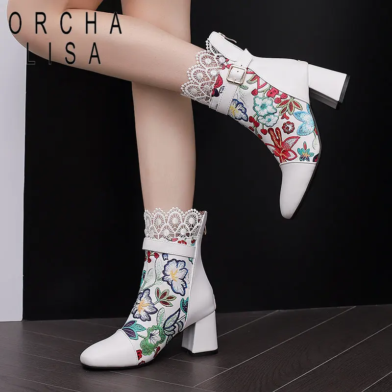 

ORCHA LISA Fashion Female Ankle Boots Square Toe Zipper Belt Buckles Flower Pattern Large Size 47 48 Sweet Dating Lady Booties