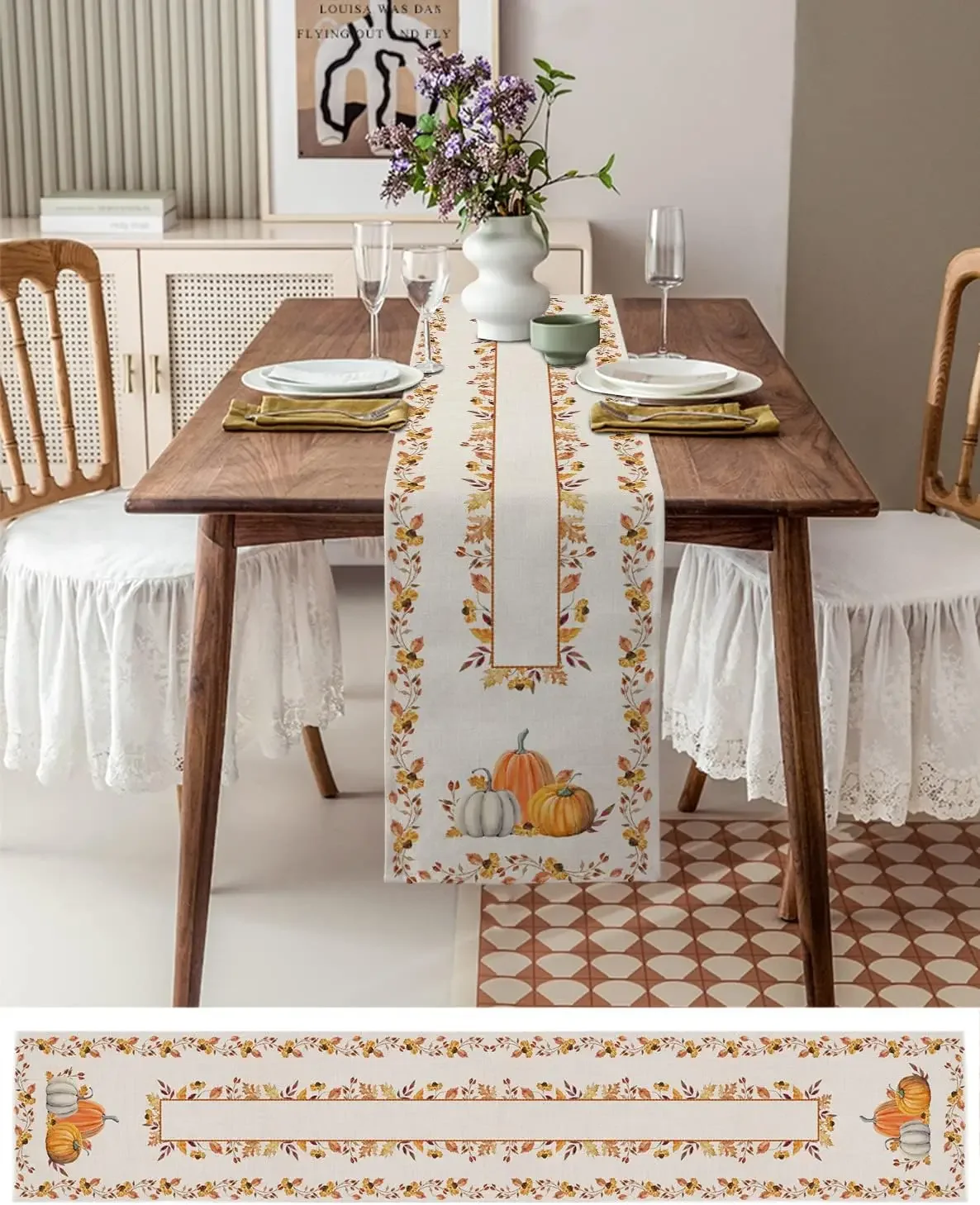 1Pc Autumn Harvest Style Table Runner Beige Pumpkin Leaf Floral Print Table Cover For Dining Room Kitchen Thanksgiving Party Dec