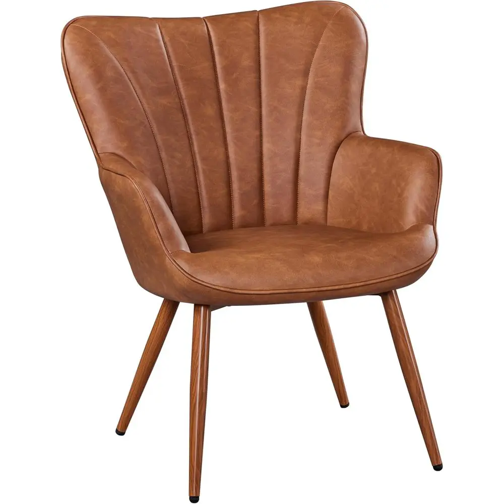 

Brown Upholstered Barrel Chair with Metal Legs for Living Room, Bedroom, or Vanity Area
