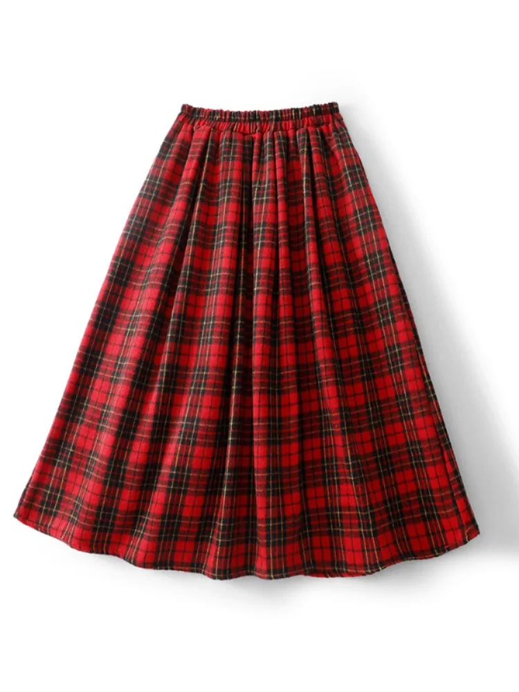 Early Autumn Atmosphere Red Plaid A-Line Midi Skirt Women's High Waist Slim Fit Fullness Skirt Casual Style Commute Friendly