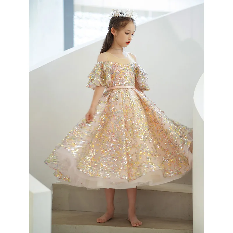 High Quality Baby Frock Designs Boutique Sequined Flare Sleeve Flower Girl\'s Gown Western Style For Kids Evening Party Dress