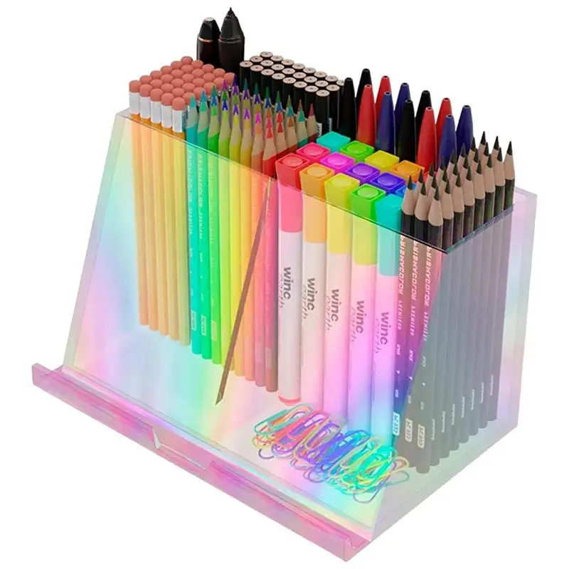 Desktop Organizer Iridescent Pen Holder Pencil Makeup Brush Storage Box 2 Grid Brush Storage Organizer School Stationery