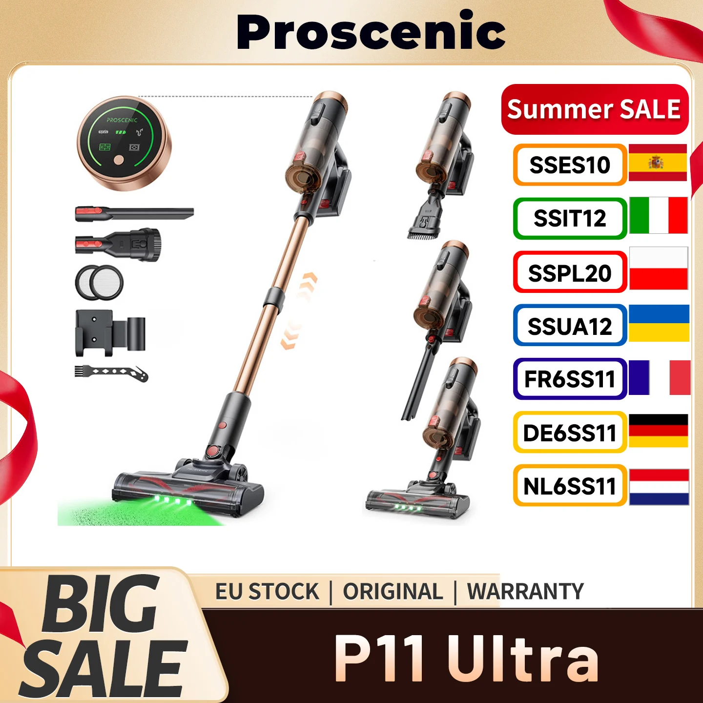 Aspirateur sans fil Proscenic P11 Ultra, aspiration de 40 kPa, autonomie de 40 minutes, brosse anti-emmêlement, tuyau réglable et corps léger de 1,6 kg, filtration à 4 couches, phares LED verts, nettoyage polyvalent multi-surfaces, chargement rapide et design peu encombrant 1