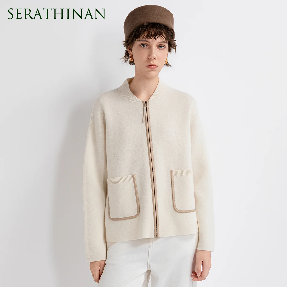 TH862110 Women's Round Neck Zip Up Knit Jacket Wool Cashmere Blend Sheepskin Trim Zip Patch Pocket Ribbed Collar LP Old Money