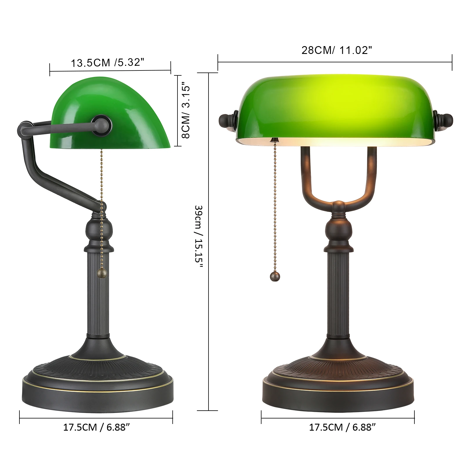 Antique Green Glass Bankers Desk Lamp with Pull Chain Switch Plug in Fixture Living Room Bedroom Bedside Lamp