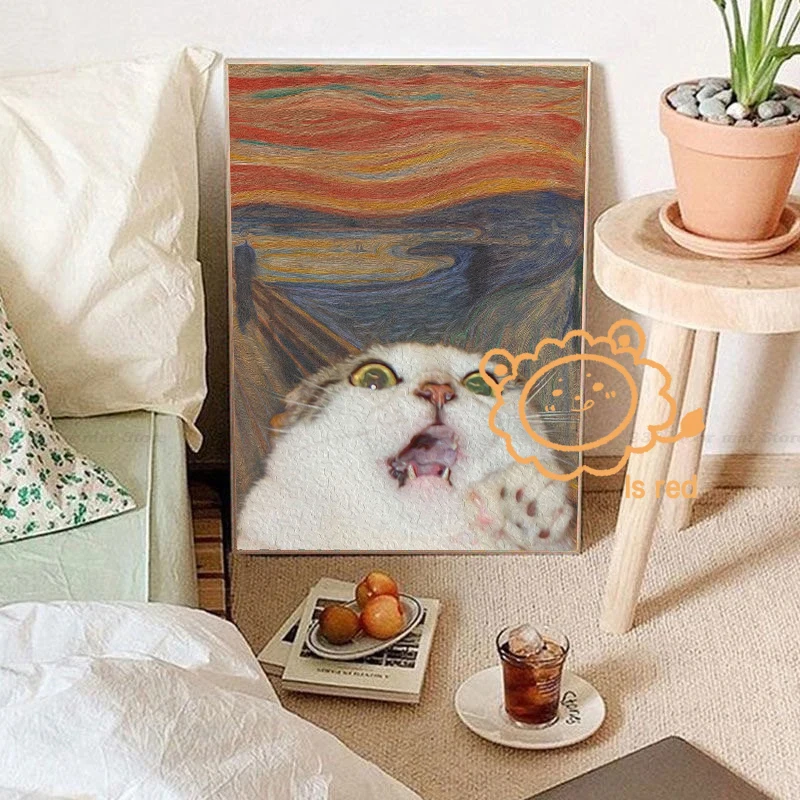 Munch The Scream Poster Funny Cat  Animal Canvas Painting Screaming Cat Modern Wall  Art Picture Living Room Bedroom Decoration