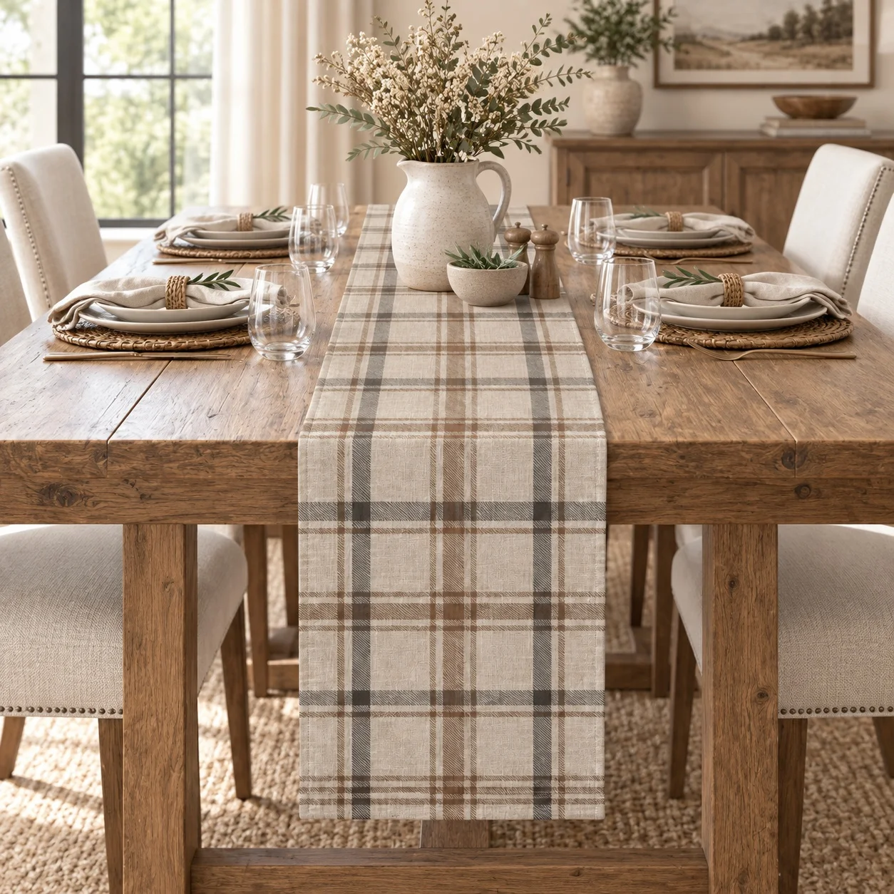 Vintage Plaid Table Runner Beige Checkered Pattern Farmhouse Dining Table Decor Rustic Home Kitchen Decoration Holiday Gift