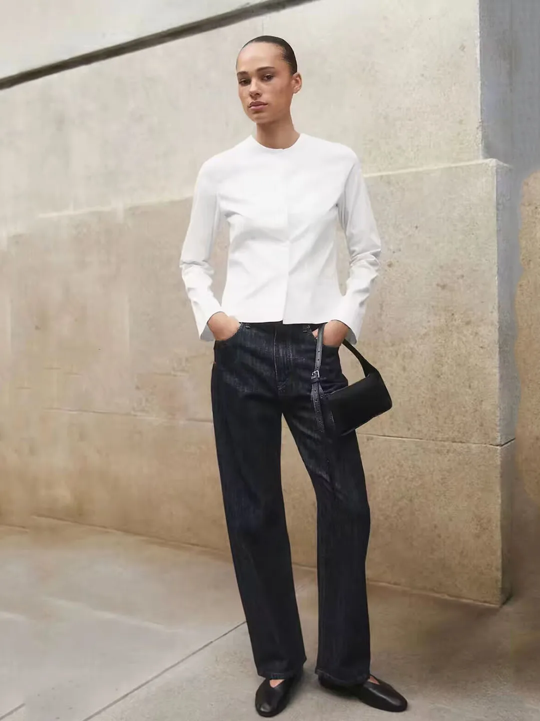 MD Women's Fashion Autumn New Arrival White Shantung Short Sleeve Long Sleeve Shirt No Collar Simple Style Slim Fit Cotton Blend
