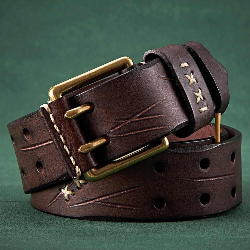 

3.8CM Quality Real Thick Original Genuine Leather Belt Double-needle Buckle Full Grain Leather Cowboy Men Cowhide Jeans Belt