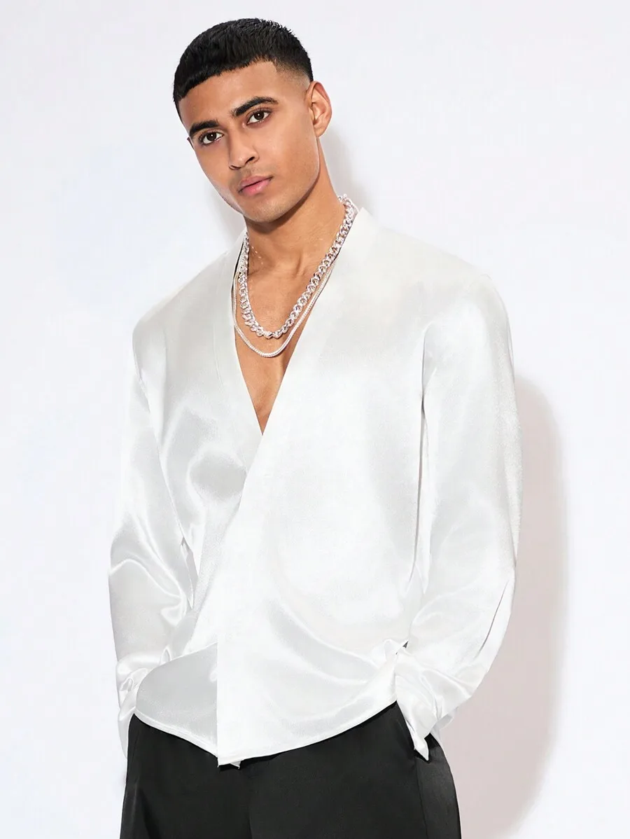

Men's Asymmetric V-Neck Satin Shirt for Parties Weddings Festivals