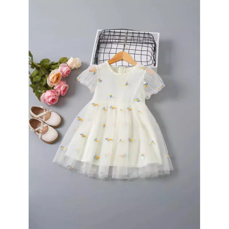

Children's Summer New Fashionable Sweet Soft Floral Embroidered Short Sleeve Mesh Dress for Girls