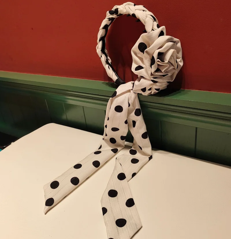

French Side Flower Wave Teeth Hair Bands Dot Bow Headband Hair Hoop with Straps Vintage Travel Hair Accessories Hair Clips