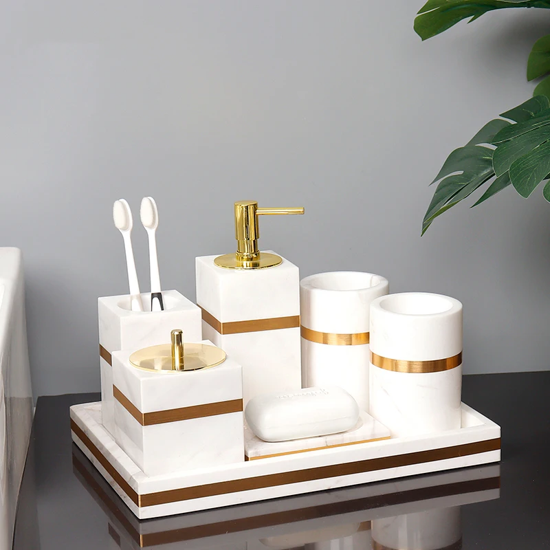 Volakos White Natural Marble Bathroom Accessories Golden Luxury Soap Dispenser Soap Dish Tray Tissue Box Bathroom Set