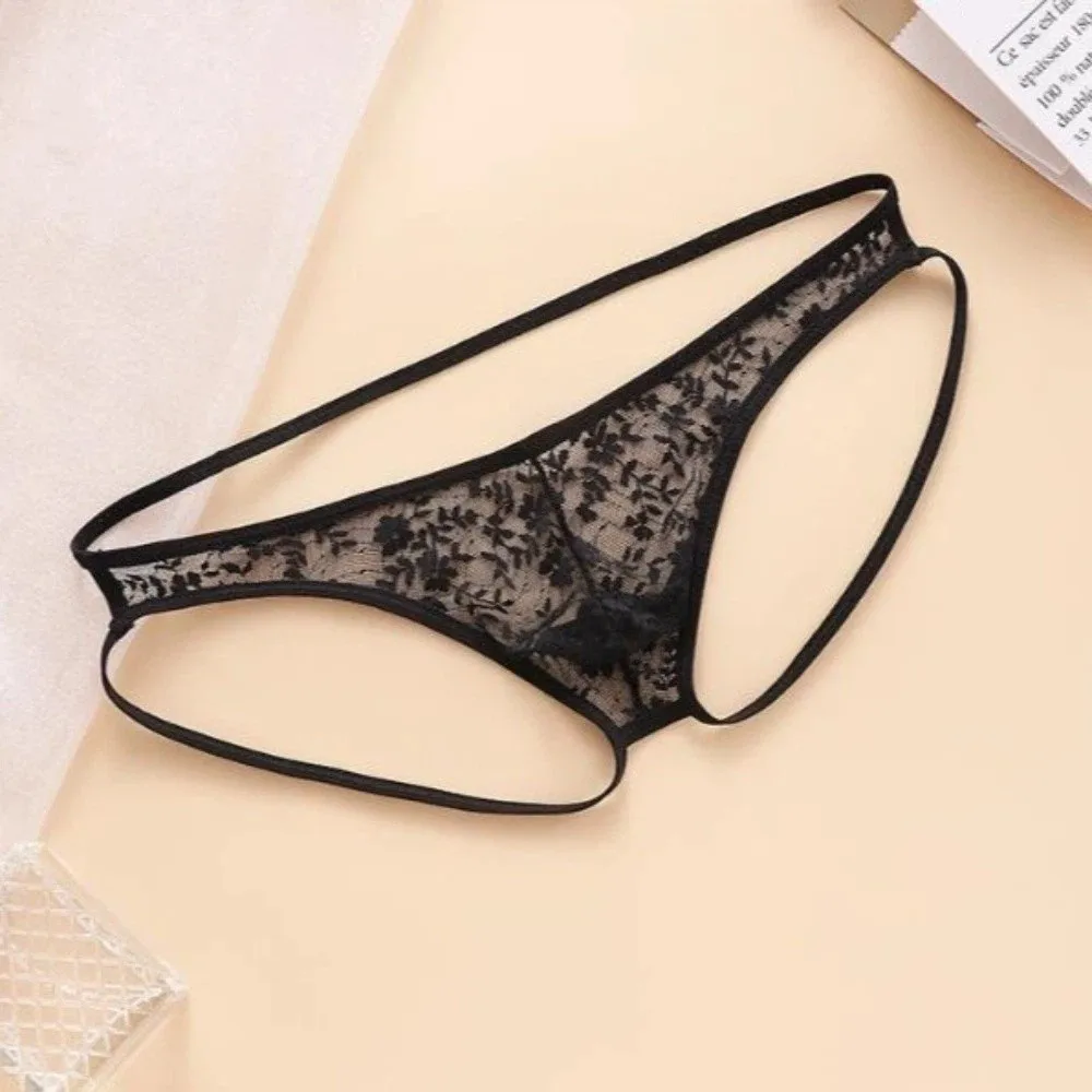 Comfortable Low Waist Men's Lace Thongs Open Crotch Underpants Men's Mesh Lace Panties T-back Transparent Male Briefs Intimate