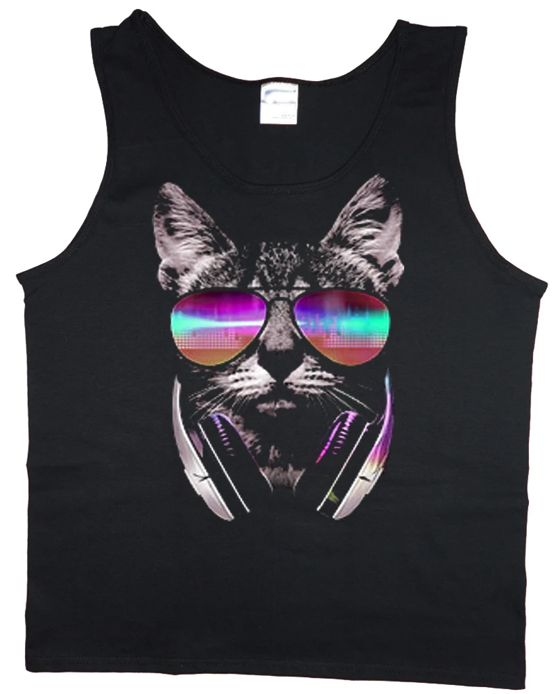 

Funny DJ cat design sleeveless tank top for men, cool muscle shirt with unique decal