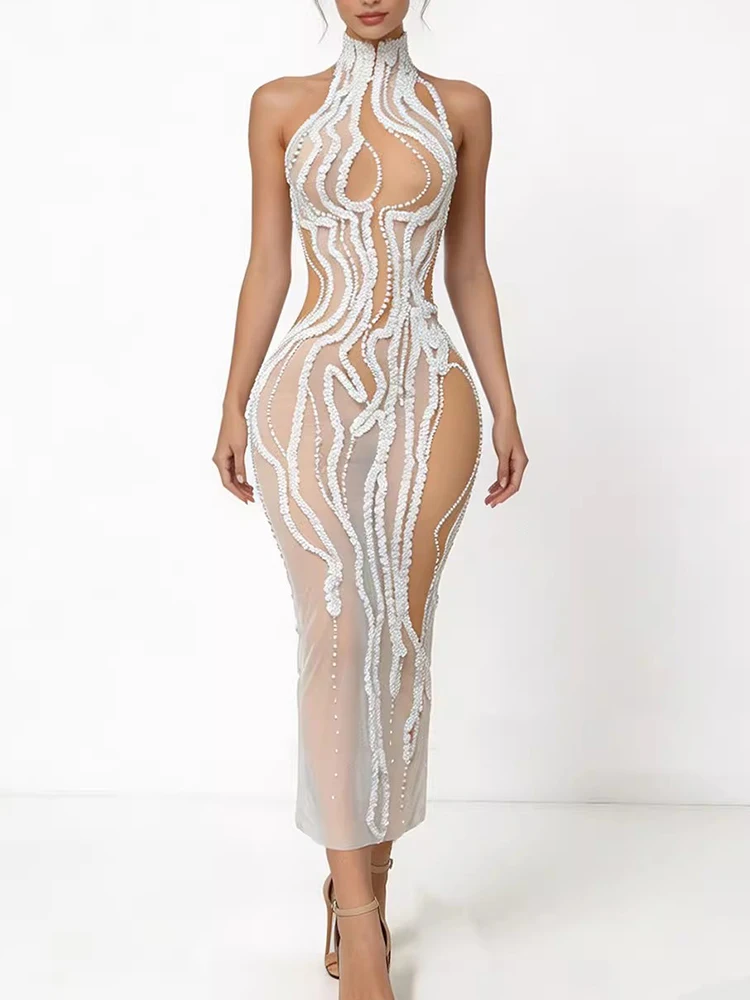 

High Quality Hot Bead Sexy See Through Mesh Elastic Dress 2026 New Fashion Custom Women'S Clothing