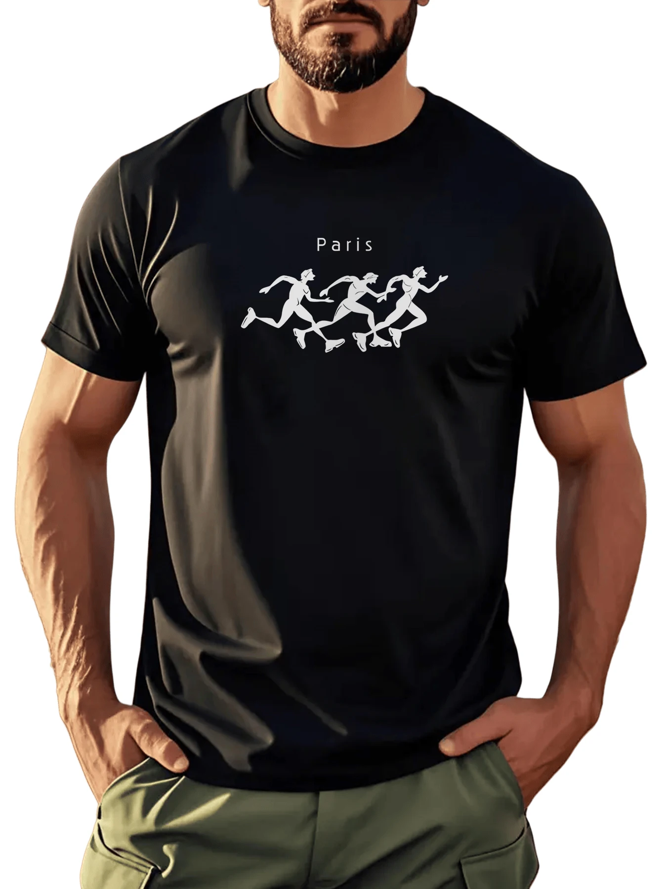 

2025 New Men's Casual T Shirt PARIS Pattern T Shirt Polyester Quick Dry Short Sleeve Top Fashion Sports Style Oversized T Shirt