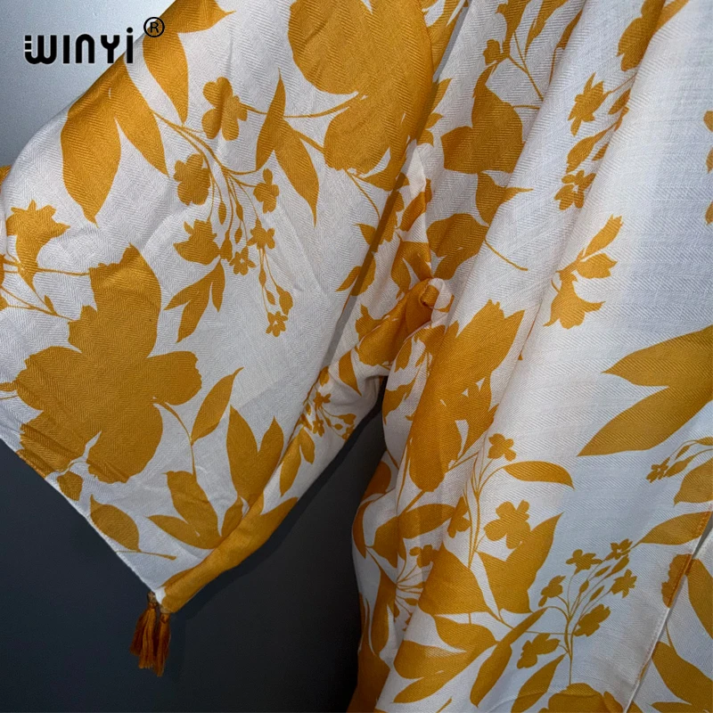 WINYI Women's Long Sleeve Kimono Print Cardigan Boho Muslim Abaya Cover up Dress Dubai Style Luxury Kaftan Fashion