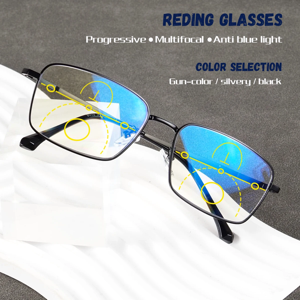 Progressive Multifokal-Lesebrille, Blaulichtfilter-Gläser, klare Sicht aus der Ferne und aus der Nähe, Metallrahmen, Unisex. – Detail 4