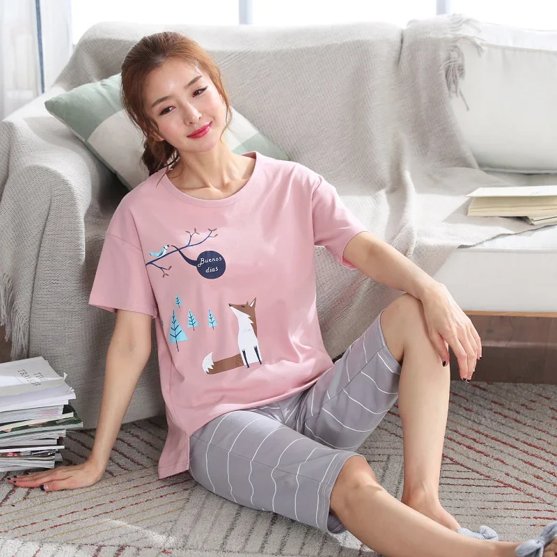 Newest Summer 100%Cotton Cartoon Women Pajamas Set Round Neck Casual M-5XL Female Pyjamas Short Top+Short Pants