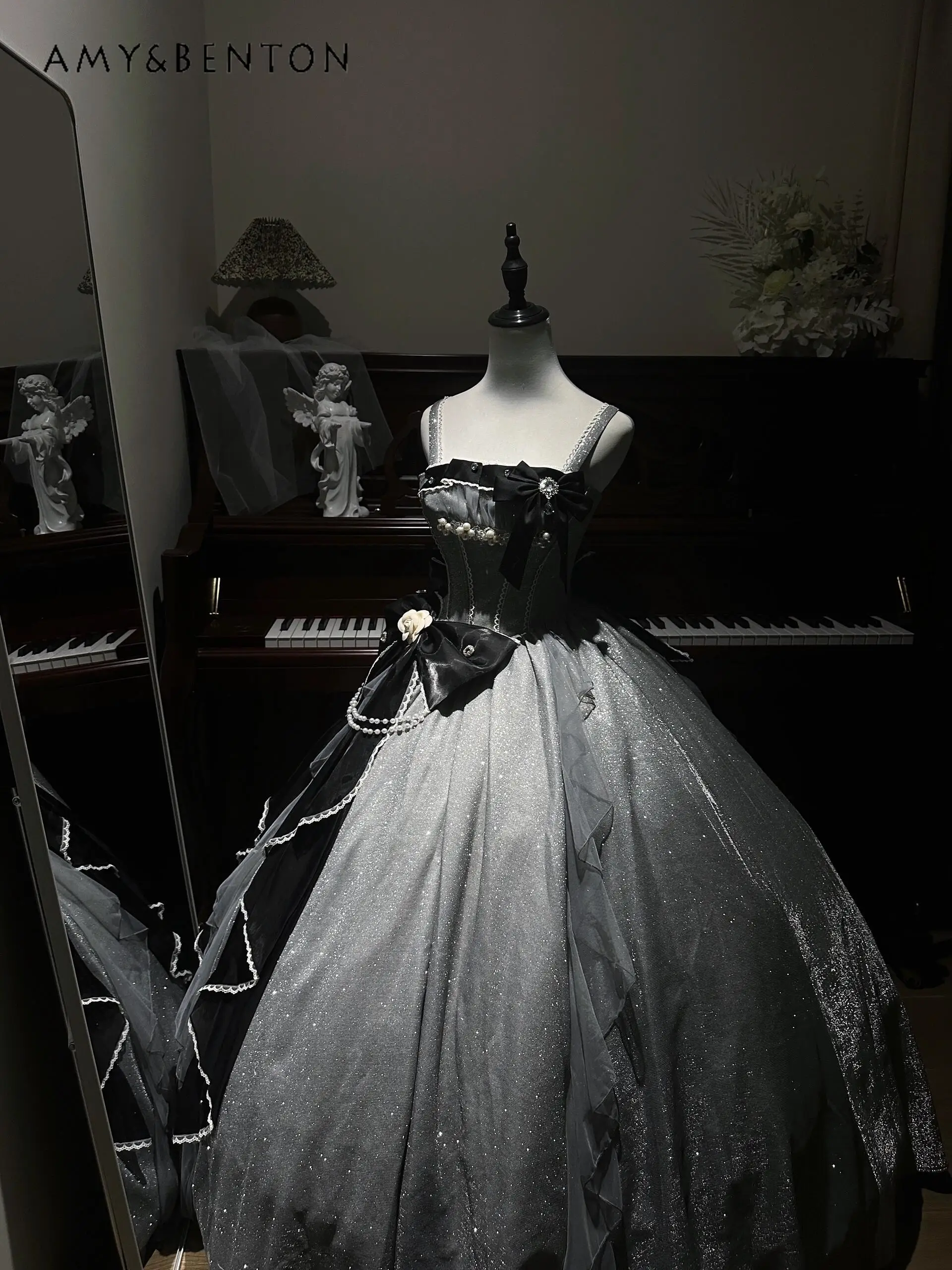 الراقية ضوء فاخر أنيق الجنية نمط لوليتا فستان JSK عالية الخصر سليم ثلاثي الأبعاد زهرة القوس الكبير فستان الأميرة توتو