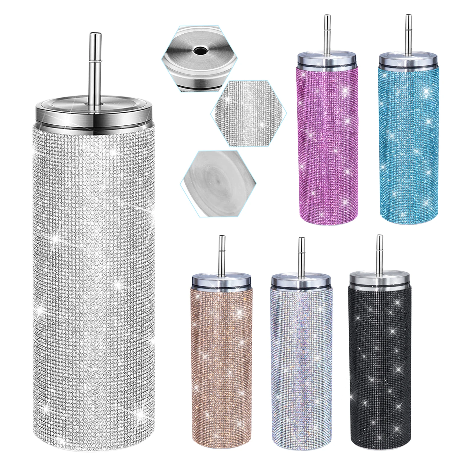 600ml Diamond Straw Cups Rhinestone Drinking Bottle Insulation Mugs Household Fitness Gym Sports Drinking Accessories