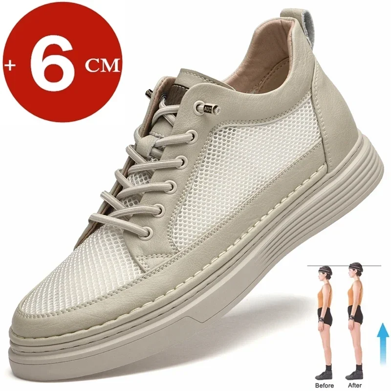 New summer 6cm men elevator shoes casual men sneakers cow leather mesh lift leisure designer shoes height increase taller shoes