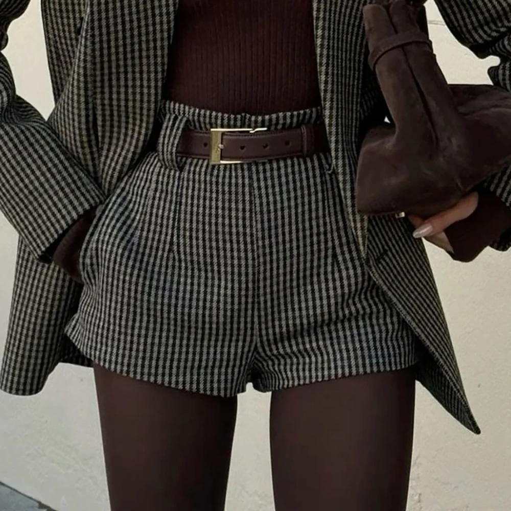 Dames Tartan Wolmix Pak Winter Warm Kantoor 2 Stuks (Blazer + Korte Broek) Op maat gemaakte zakelijke outfit Kantoor Dame Set