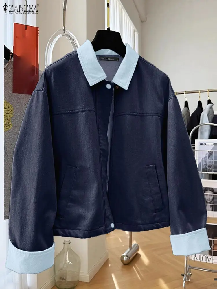 

ZANZEA Street Fashion Women's Jackets Long Sleeve Zip-Up Contrast-Color Denim-Like Coats Autumn Lightweight Woman Outerwear 3XL