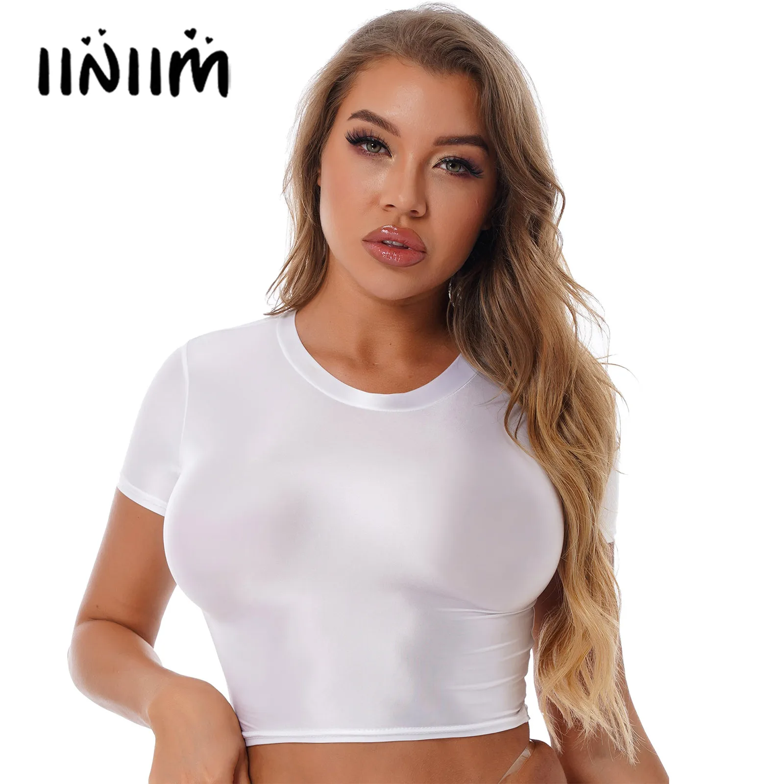 

Sexy Womens Smooth Crop Top Solid Color Femme Tank Camis Sports Gym Fitness Round Neck Slim Fit T-shirt Tops Sportswear Swimwear