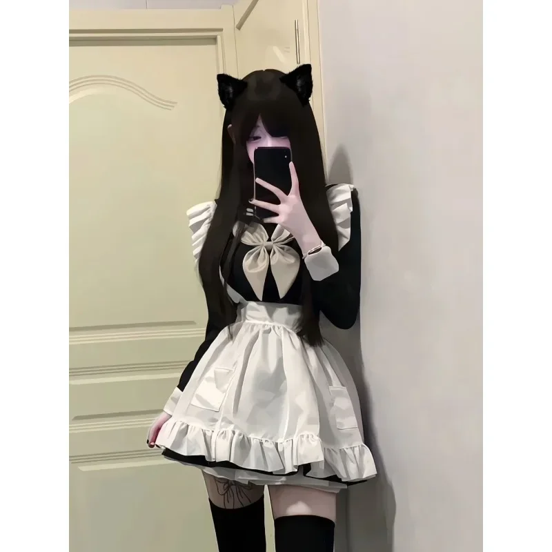 Sweet Black Sailor Neck Bow Long Sleeve Maid Outfit Y2k E-Girl Women Cute Lolita Dress with Ruffled Slim Apron Uniforme Japones