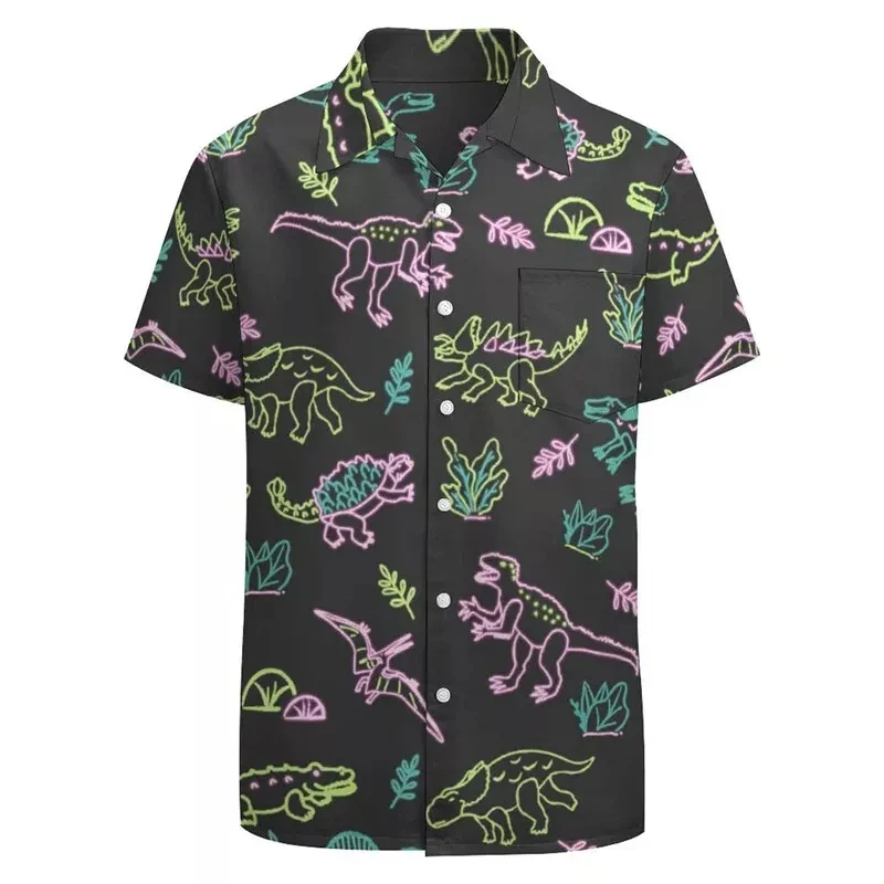 New Cartoon Style Hawaiian Shirts Short Sleeve 3D Print Anime Dinosaur Oversized Shirt For Men Clothing Y2k Tops Harajuku Blouse