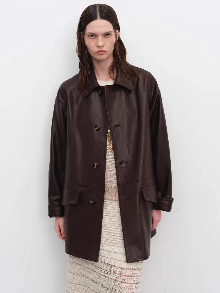 

Mid-length Genuine Leather Blazer Jackets for Women Spring Autumn High-end Simple Vintage Solid Soft Oil Wax Real Sheepskin Coat