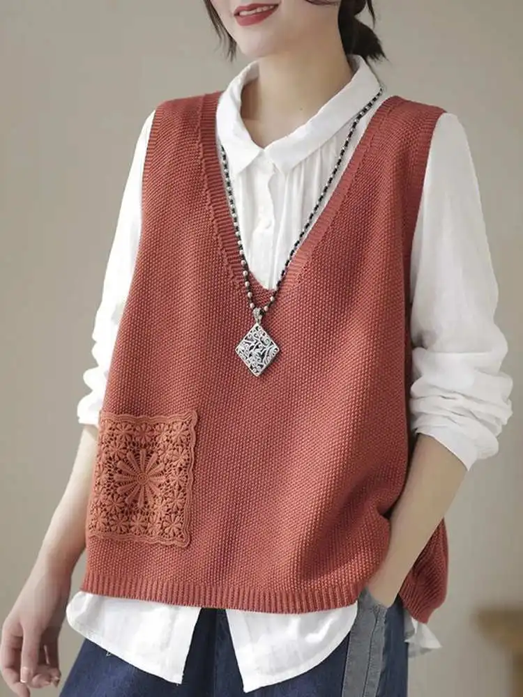 Loose Knitted Vest Women's Spring Autumn New Style round Neck Sleeveless Overalls Sweater Vest Comfortable Breathable Casual