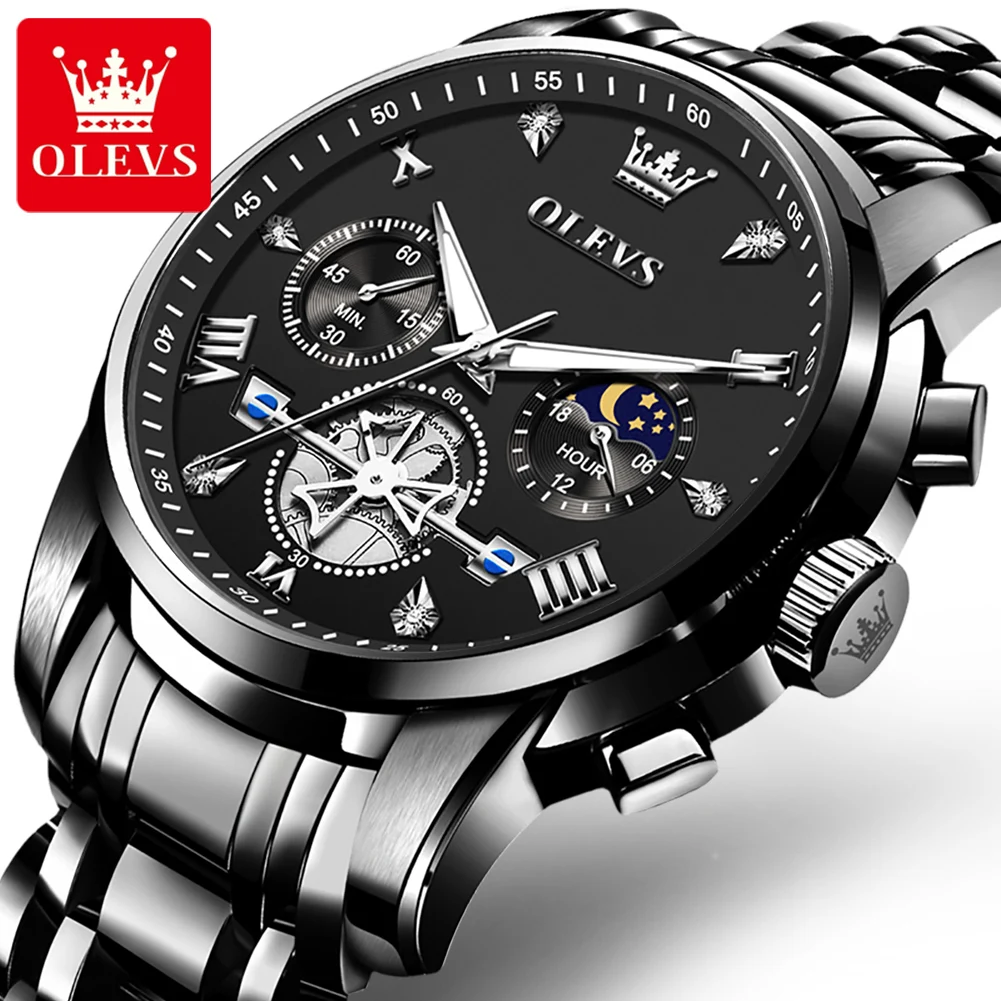 

OLEVS модные брендовые часы с хронографом и фазой Луны, мужские роскошные кварцевые часы с турбийоном для мужчин, водонепроницаемые часы из нержавеющей стали