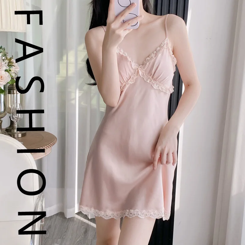 

Пижамы женские весенне-осенние, тонкая ночная рубашка из ледяного шелка на подтяжках, летняя сексуальная кружевная одежда с v-образным вырезом и подушечкой на грудь, новинка
