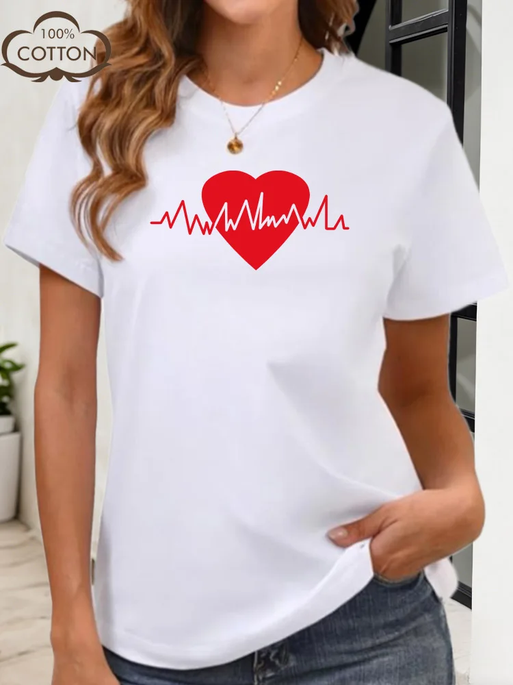 Cardiac Love Line Grafisch T-shirt voor dames, 100% katoen, ronde hals, korte mouw, casual zomer, modieuze top