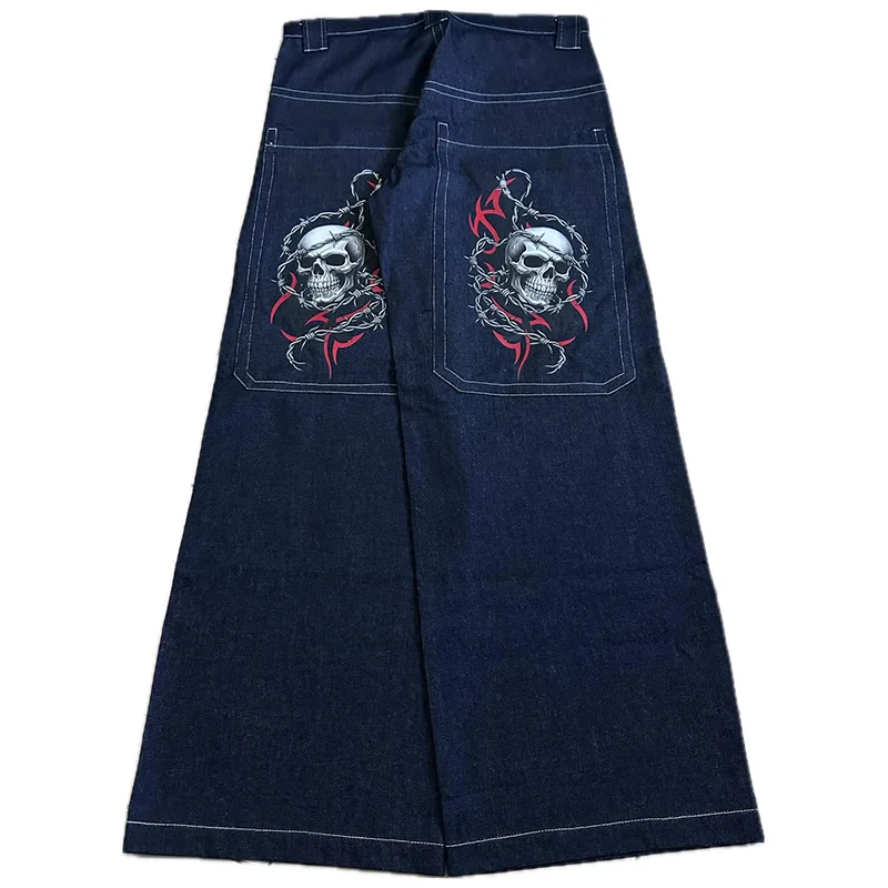 

Y2K Винтажные джинсы в стиле панк с большими карманами и колючей проволокой с принтом черепа Свободные широкие джинсы в стиле хип-хоп Мужчины Женщины Мода Повседневная уличная одежда