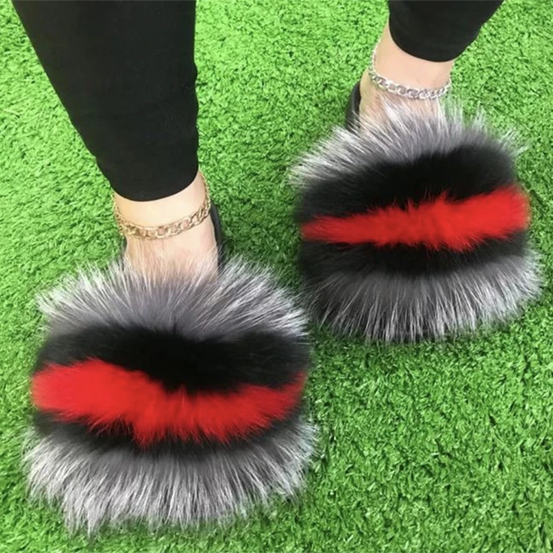 2024 Summer Real Fox Fur Slippers Plush Fluffy Sandals Women Flat Slides Natural Fur Home Flip Flops Female Large Size Slipper