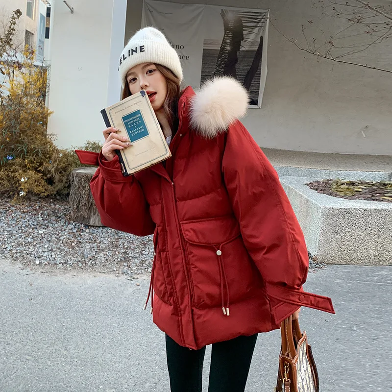 

Christmas red New Year big fur collar down jacket women's winter new hooded thick warm white duck down jacket trendy