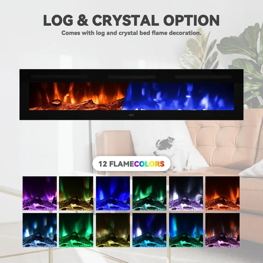 Camino elettrico da 72 pollici Camino LED da parete e da incasso con telecomando Temporizzatore da 8 ore 12 impostazioni di fiamma Touch screen